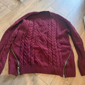 Women’s Crewneck Cable Knit Sweater with Side Zips - Burgundy